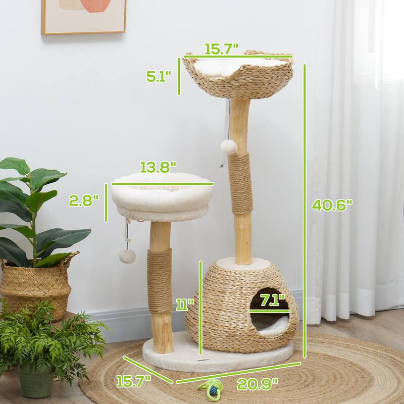 PawHut Cat Tree for Indoor Cats, 41" Wooden Cat Tower with 2 Real Branch Cat Scratching Posts, Luxury Cat Condo, Cream White