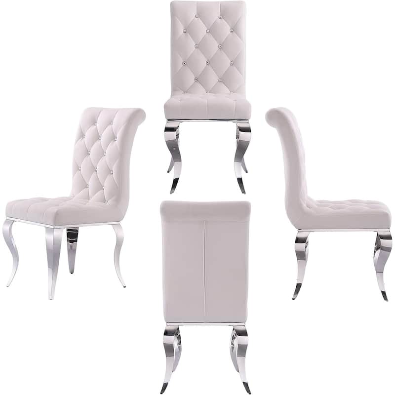 Luxury White Velvet Dining Chairs with Crystal Decor Button Tufted Back and Mirrored Silver Legs - Set of 4