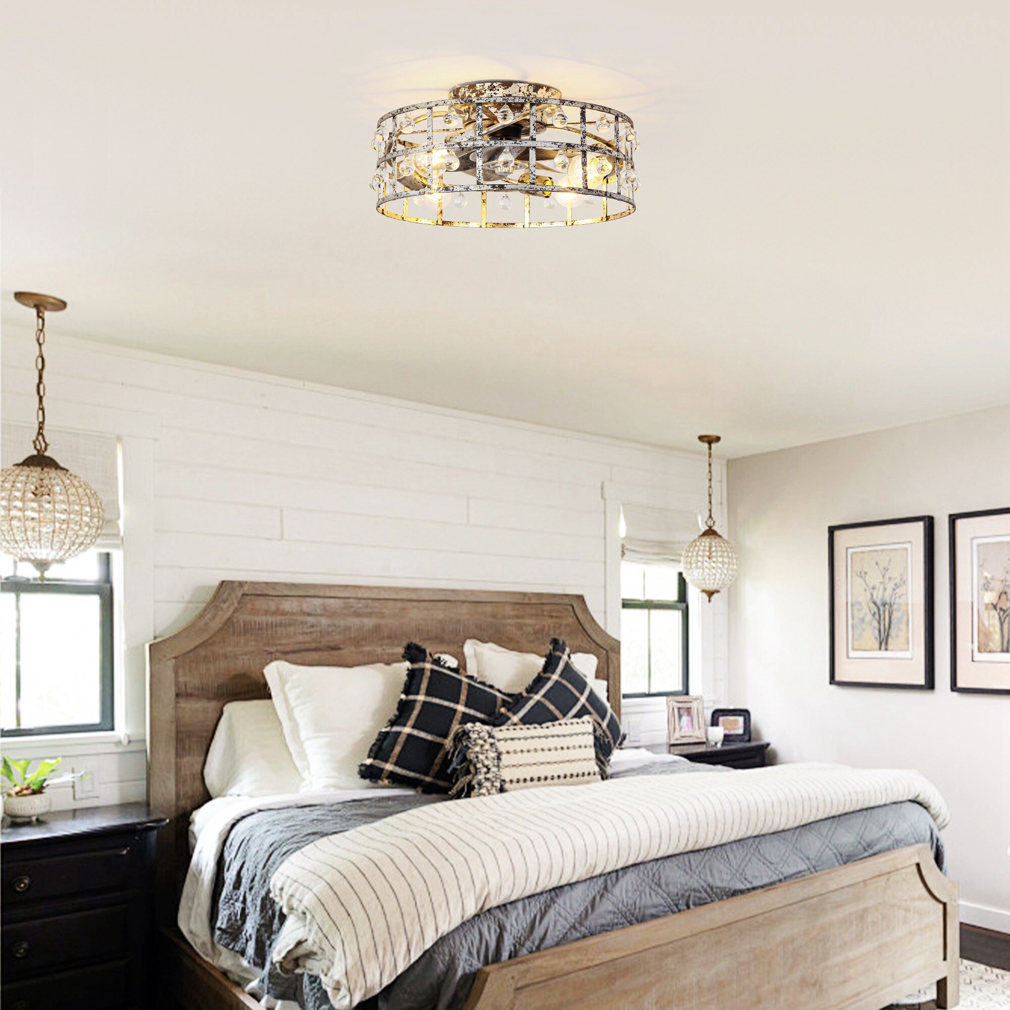 18-inch Distressed Silver Crystal Caged Low Profile Celing Fan