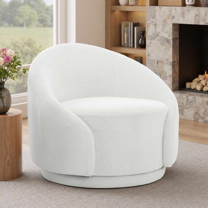 35" W Modern Upholstered Velvet/ Boucle Barrel Swivel Chair - 1-Piece - White/ Boucle