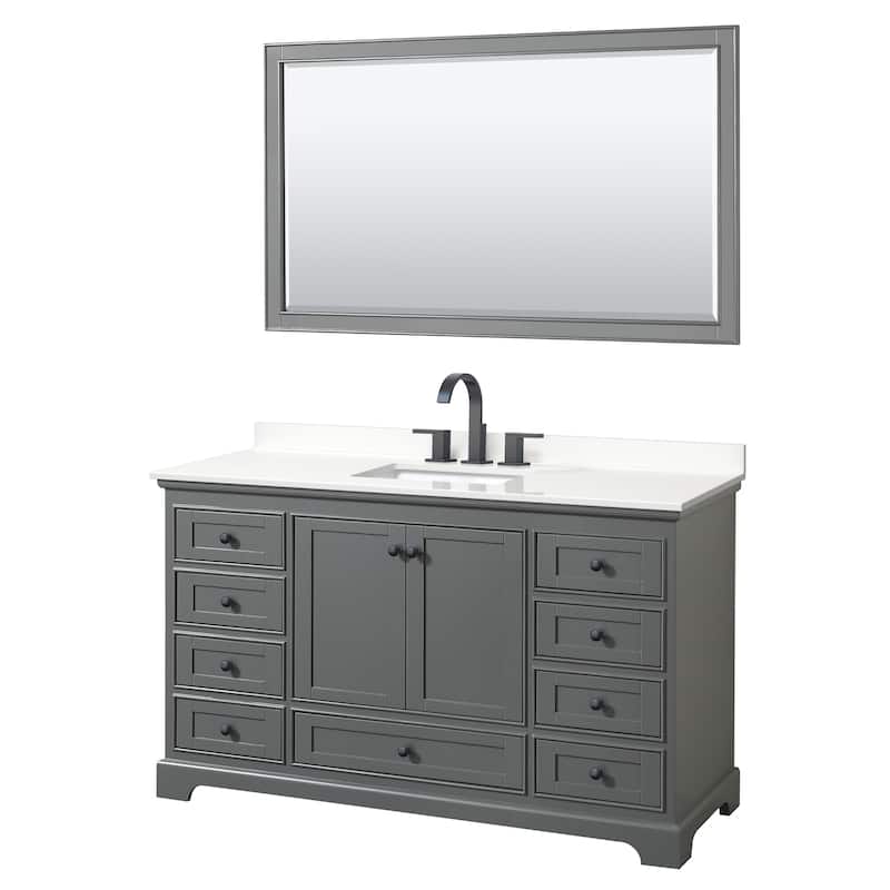 Deborah 60-inch Single Vanity, Quartz Top, 58-inch Mirror - Dark Gray, Black Trim, White Quartz Top