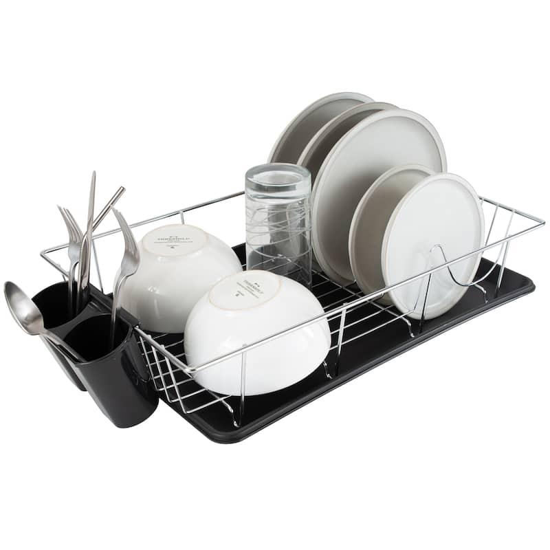 Simply Kitchen Details Chrome and Black Iron 3-piece Dish Rack With Tray - 19"x12"x4"