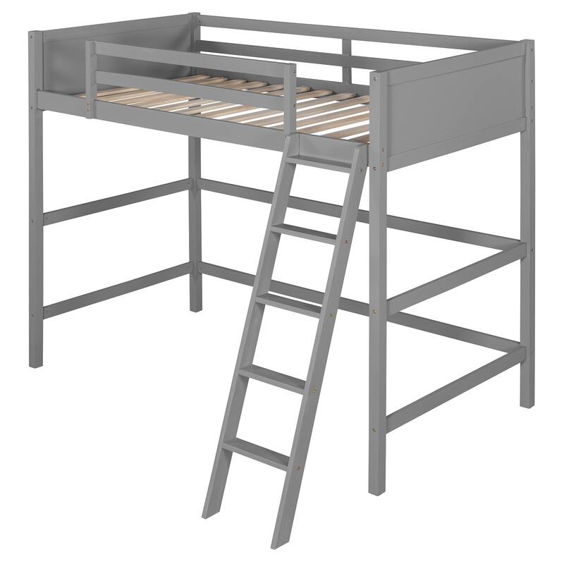 Roomfitters Solid Wood Twin Loft Bed with Ladder Guard Rails Pine Frame, Grey
