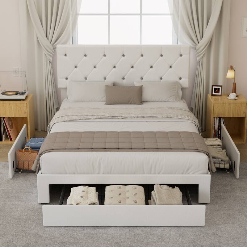 VECELO Bed Frame with Storage Drawers, Leather Upholstered with Diamond Tufted Headboard, Solid Wood Slat Support