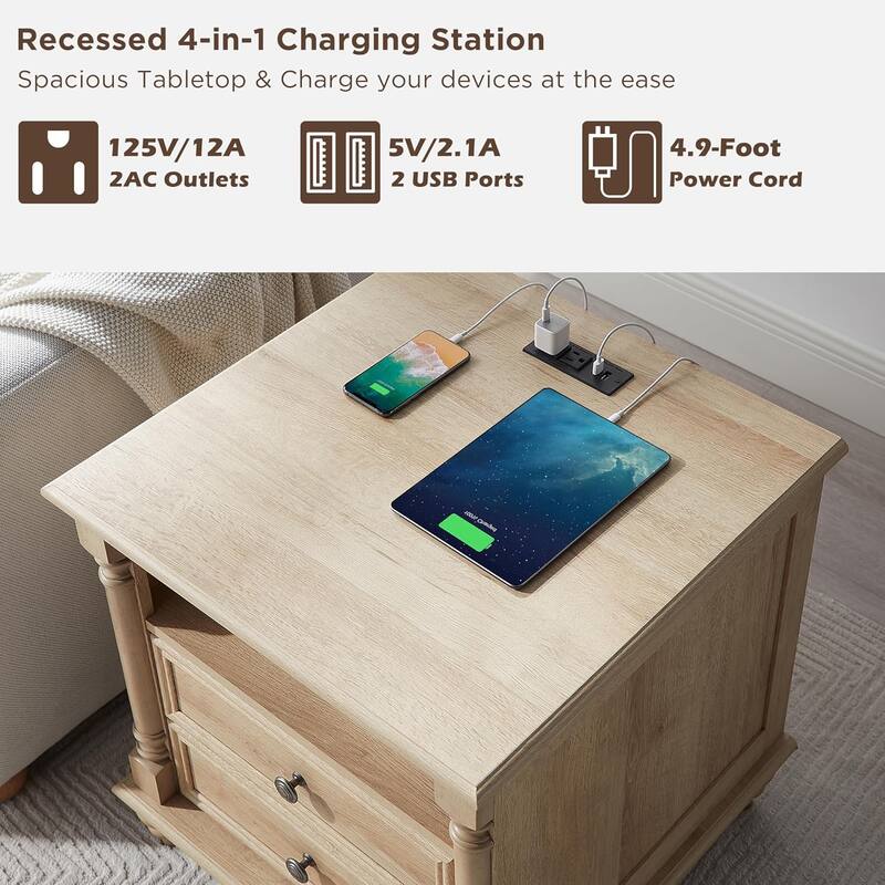 Farmhouse Nightstand Solid Wood Feet, Sofa Table with Charging Station