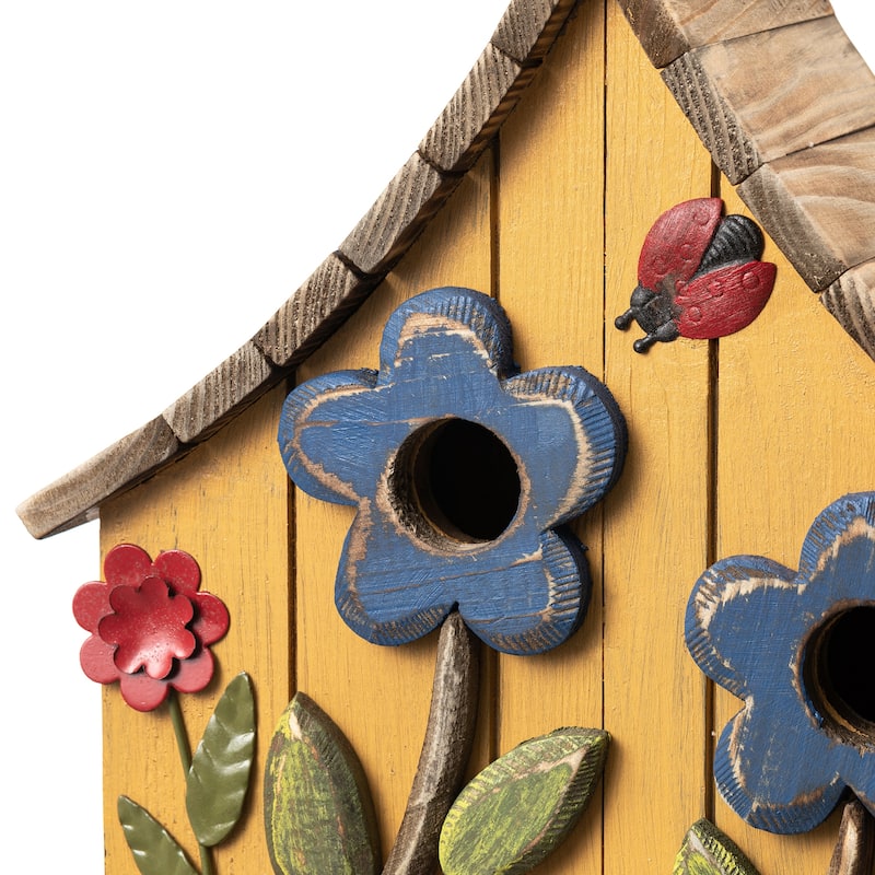 Glitzhome 10.5"H Distressed Solid Wood Birdhouse with 3D Flowers - 10.5"