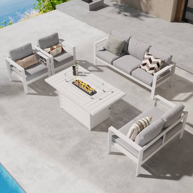 5 Pcs Patio Conversation Set with Propane Firepit - White