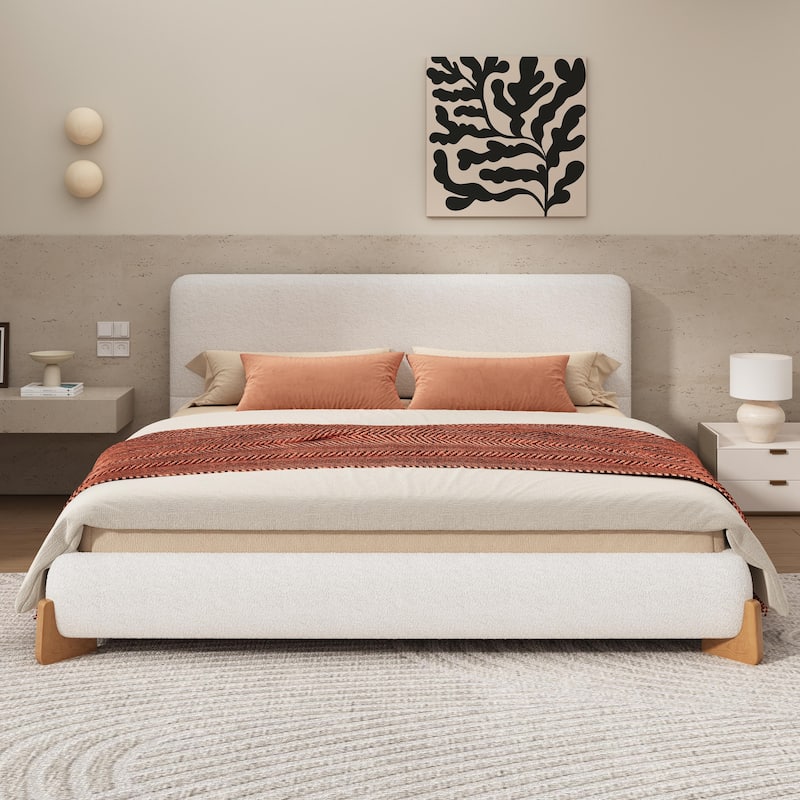 Elegant Boucle Upholstered Bed - A Luxurious & Comfortable Bedroom Centerpiece - White - King