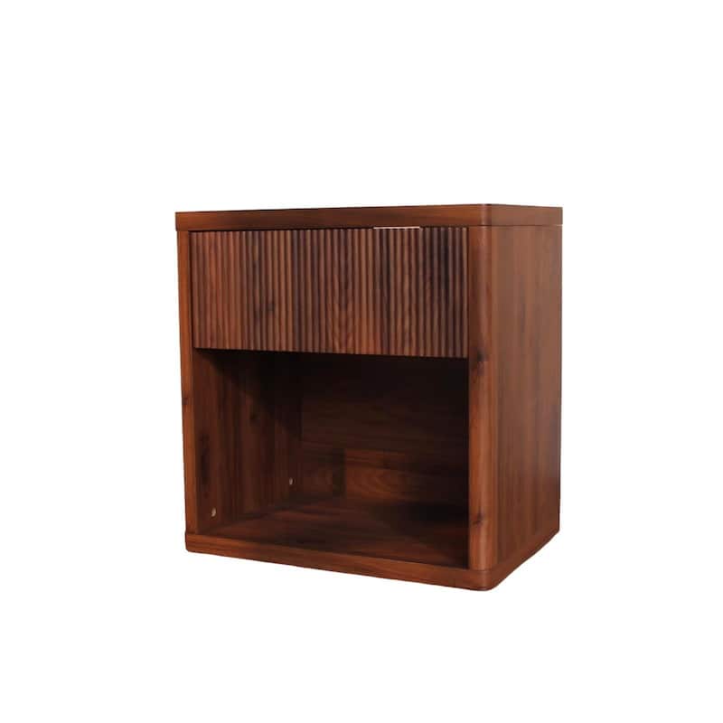 Fluted Bed Side Table End Table Nightstand with Drawer, Corner Table Walnut Lamp Table with Open Shelf - Walnut