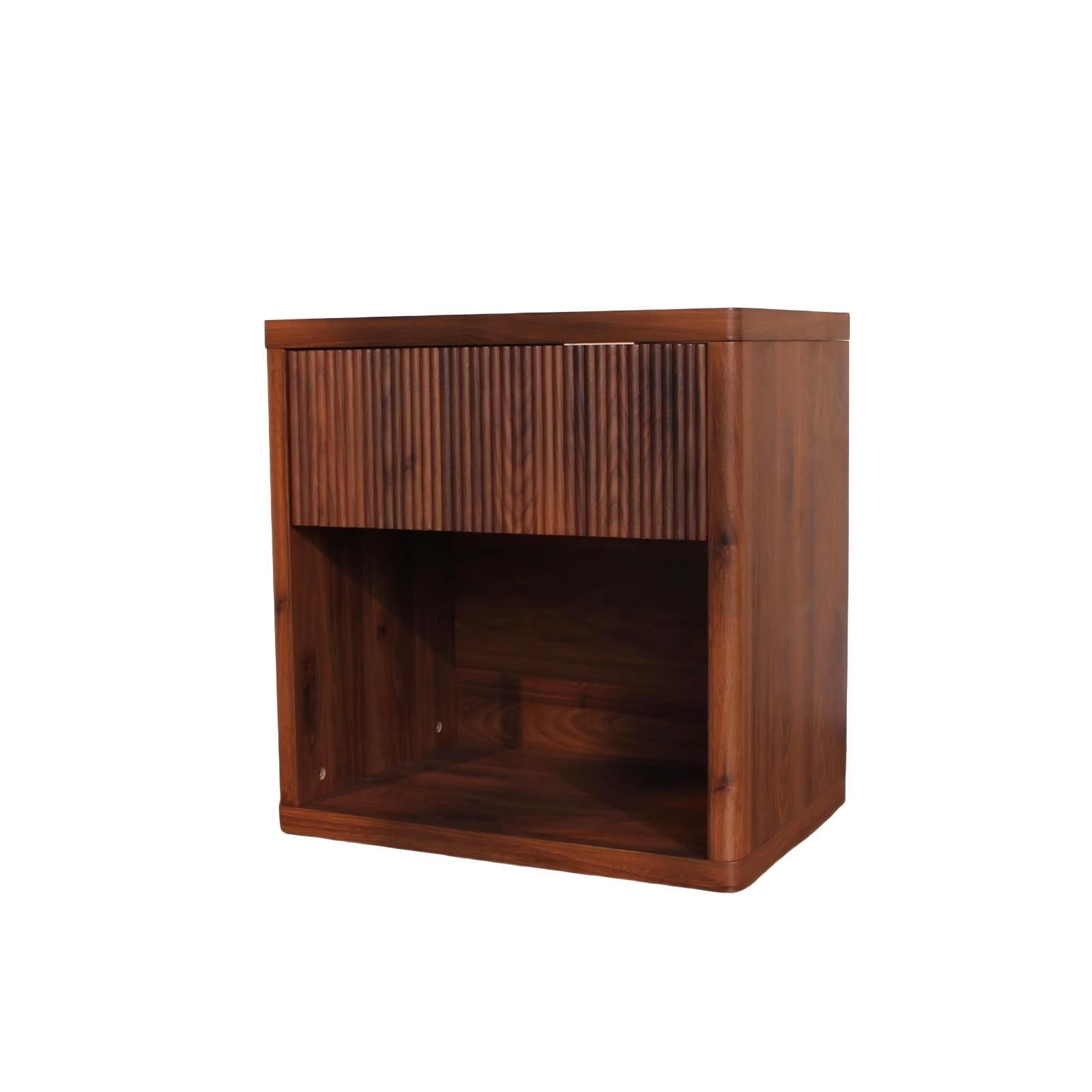 Fluted Bed Side Table End Table Nightstand with Drawer, Corner Table Walnut Lamp Table with Open Shelf