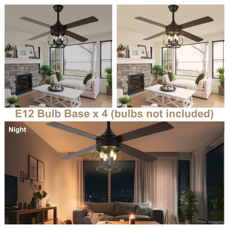 Bella Depot 52" Farmhouse Wood Ceiling Fan with Remote and Light, 6-Speed Indutrial Chandelier - 52 Inches