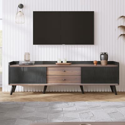Mid Century TV Stand with 2 Cabinets& Open Compartments, for TVs up to 70"
