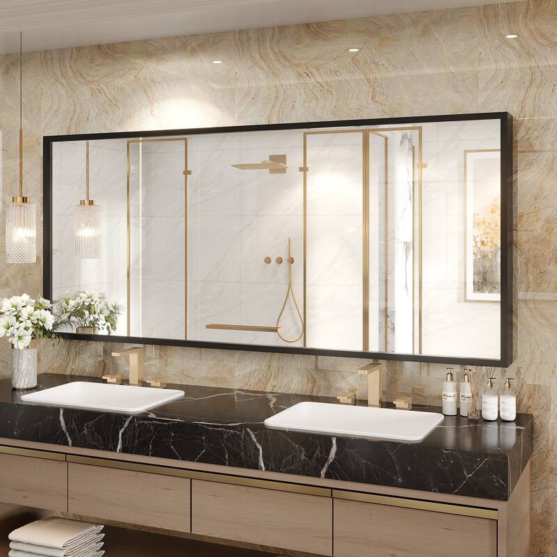 Tempered Glass and Metal Framed French Cleat Mounted Wall Bathroom / Vanity Mirror - 72" x 32" - Black