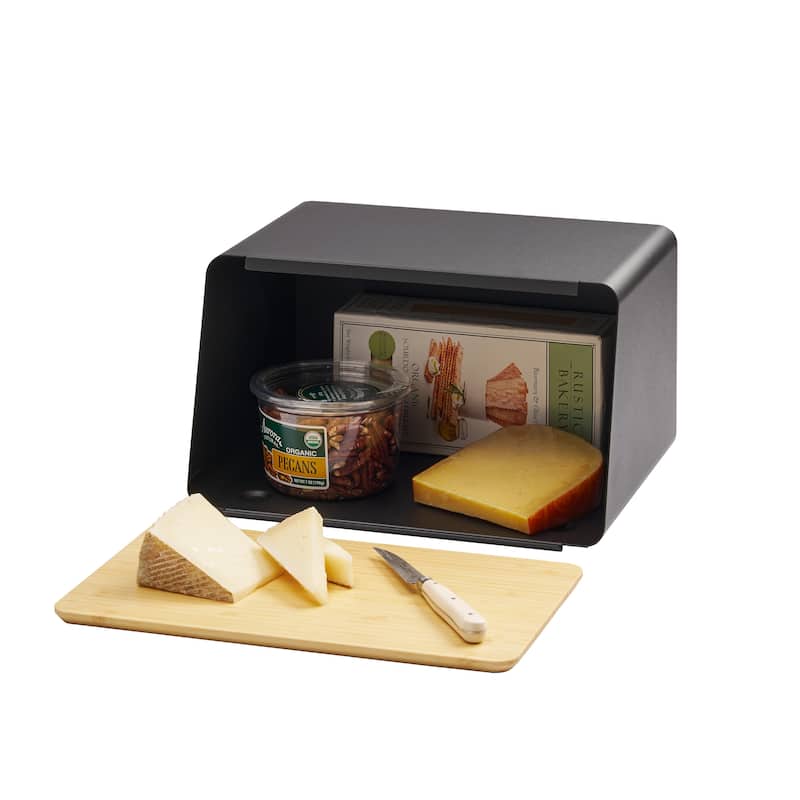 Yamazaki Home Bread Box with Cutting Board Lid, Steel and Wood, Lid - L 9.65 x W 12.4 x H 7.28 inches - Black