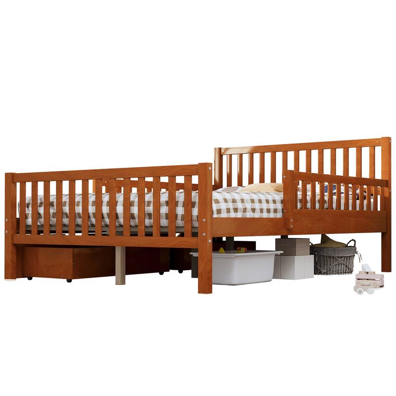 Platform Bed with Guardrails on Both Sides and Two Storage Drawers