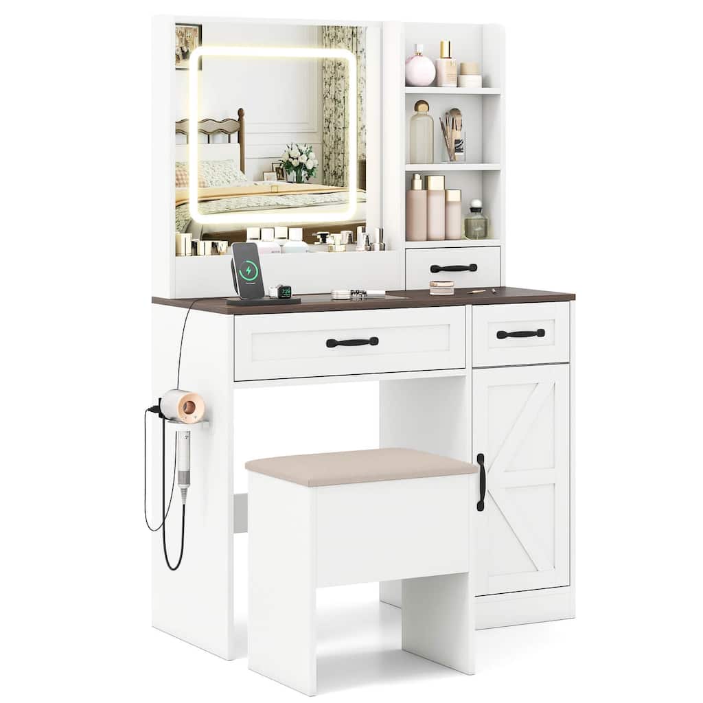 Costway Vanity Desk with Mirror & Power Outlets Dressing Table with 3 - See Details