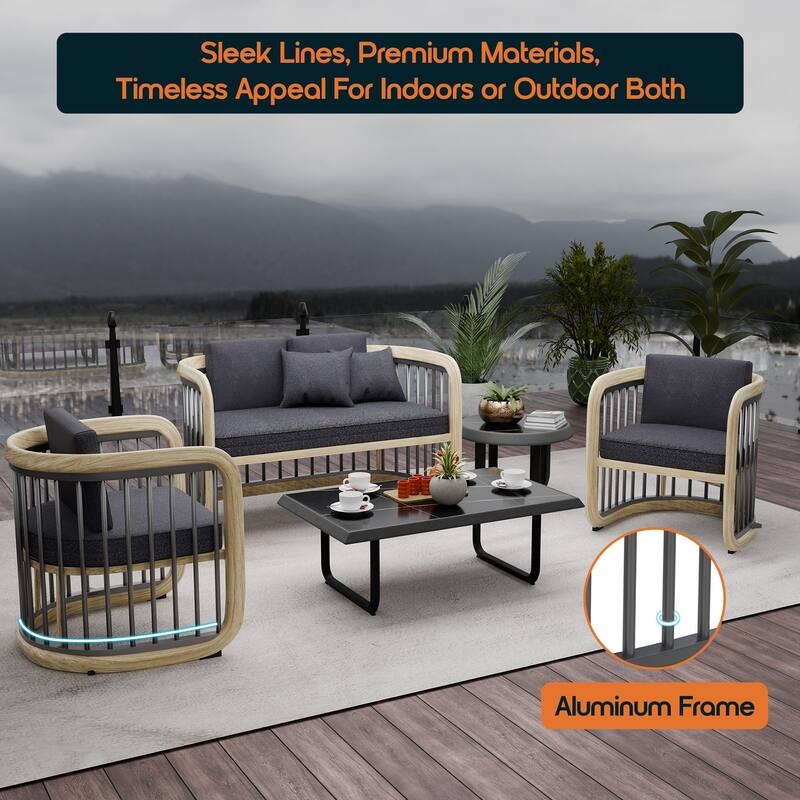 Klyra 5-Piece Outdoor Patio Conversation Set in Aluminum with a Rectangular Coffee Table , End Table and Olefin Fabric Cushions