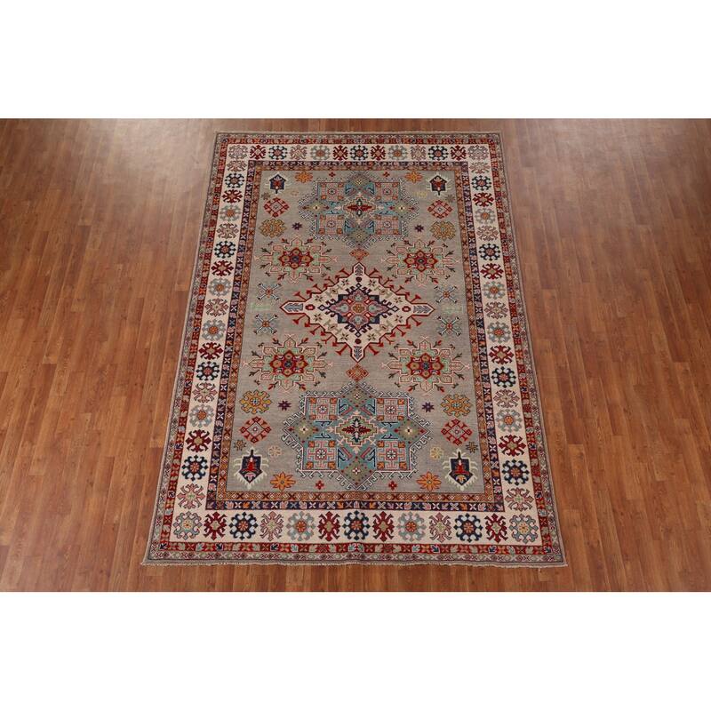 Beige Kazak Oriental Area Rug Hand-Knotted Bedroom Wool Carpet - 6'7" x 9'8"