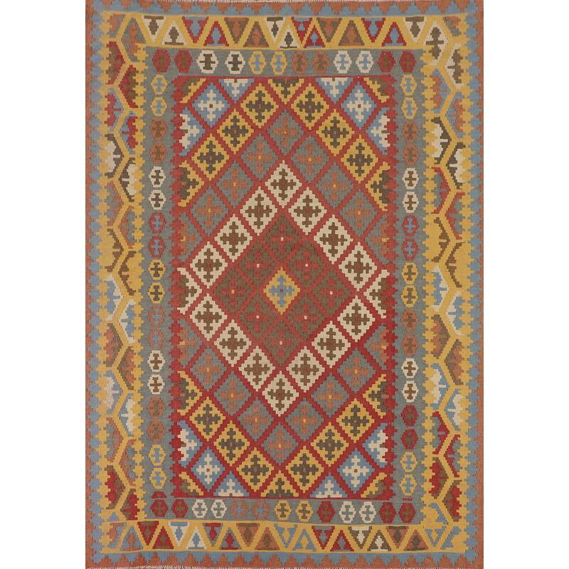 Geometric Kilim Persian Vintage Area Rug Flatweave Wool Carpet - 6'7"x 9'6"