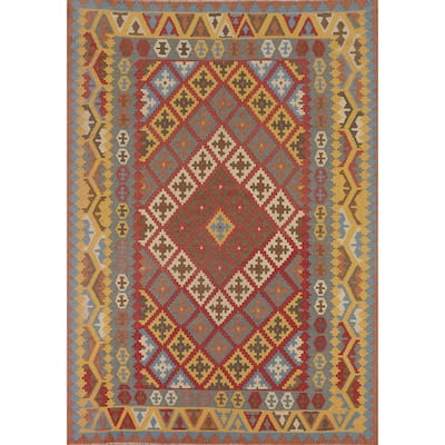 Geometric Kilim Persian Vintage Area Rug Flatweave Wool Carpet - 6'7"x 9'6"