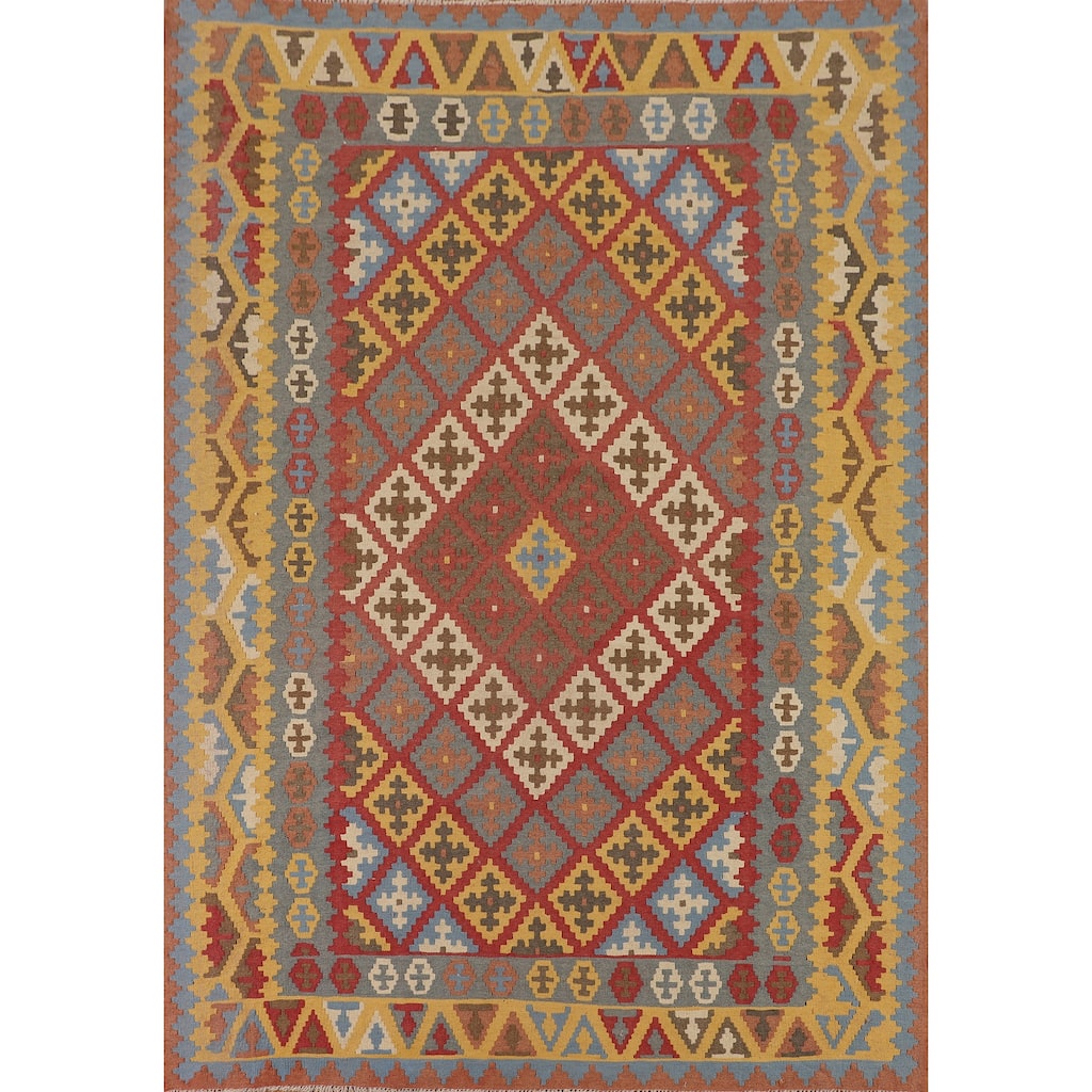Geometric Kilim Persian Vintage Area Rug Flatweave Wool Carpet - 6'7"x 9'6"
