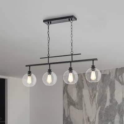 Antique Black 4-Light Linear Kitchen Island Chandelier with Globe Clear Glass Shades - Antique Black