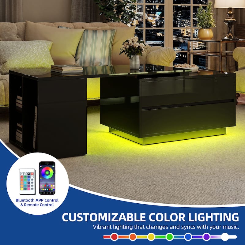 Moasis Modern Glossy LED Coffee Table with Drawers and Storage Shelves