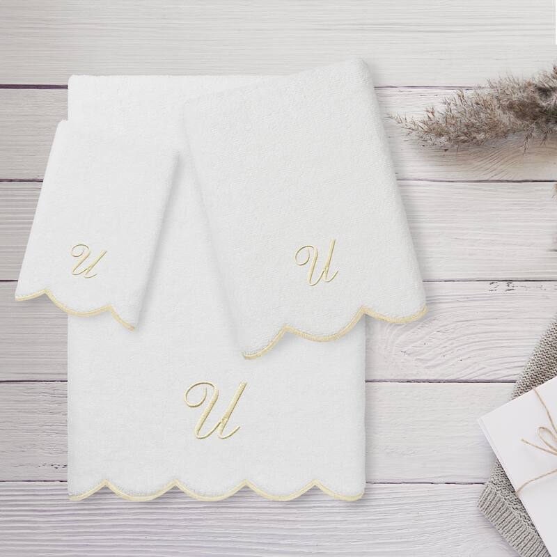 Authentic Hotel and Spa 100% Turkish Cotton Beige ADORNIA Scallop Personalized 3 Piece Towel Set - 3 Piece Set