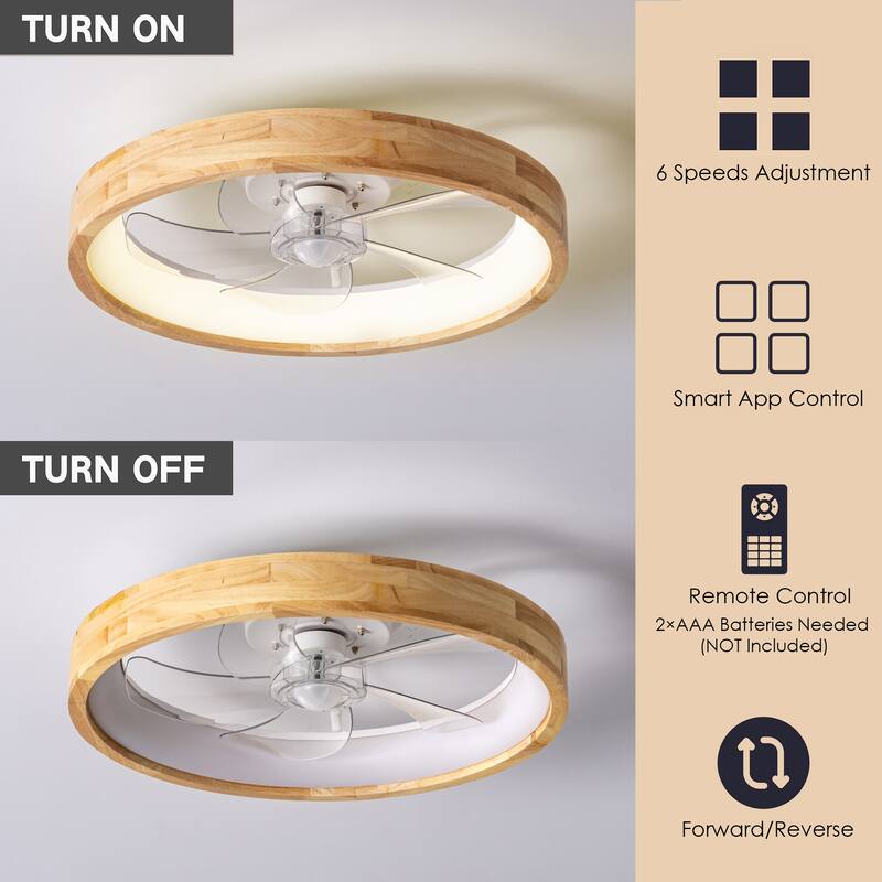 19.7" Modern Flush Mount Ceiling Fan with LED Light and Remote Control, Wooden Finish for Bedroom/Living Room - 5