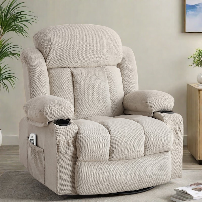 Swivel Massage Recliner Chair with Heat, Velvet Fabric Lounge Chair with 8-Point Massage, Manual Control, USB Charging - Beige