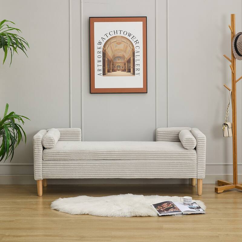 Roomfitters Corduroy Storage Bench, Upholstered Entryway and Bedroom Bench with Backrest and Bolster Pillows