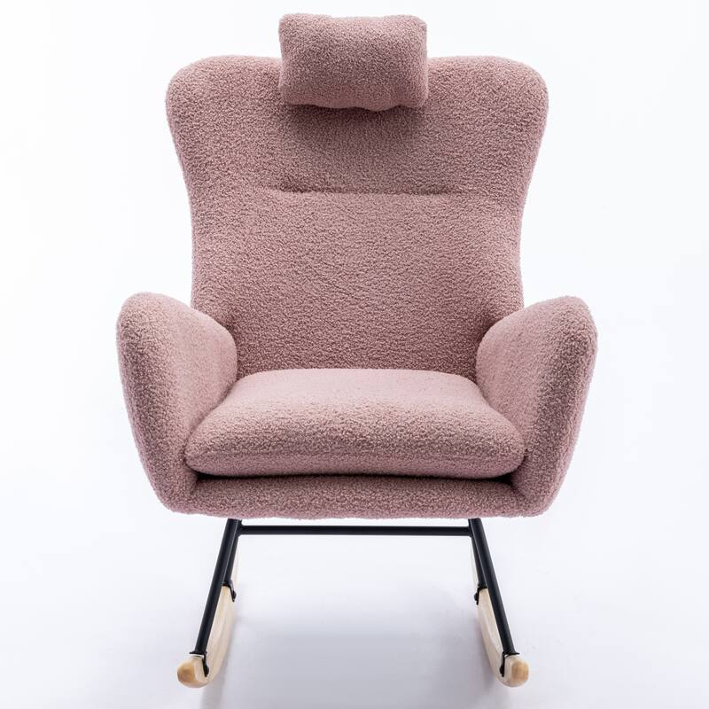 Teddy Fabric Wingback Rocking Chair for Nursery with Safe Solid Wood Base