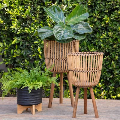 Set of 2 Wicker Footed Planters 10, 12", Natural 23"H - 12.0" x 12.0" x 23.0"