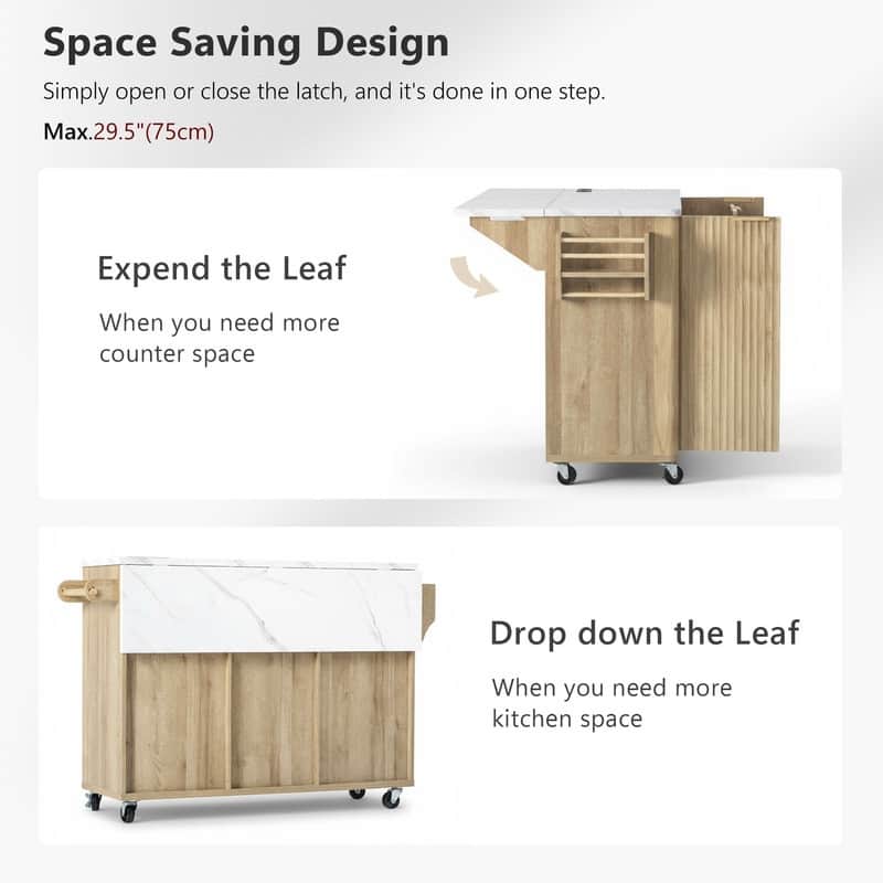 55.5" Fluted Kitchen Island with Drop Leaf and Storage Features Power Outlet and Adjustable Shelves