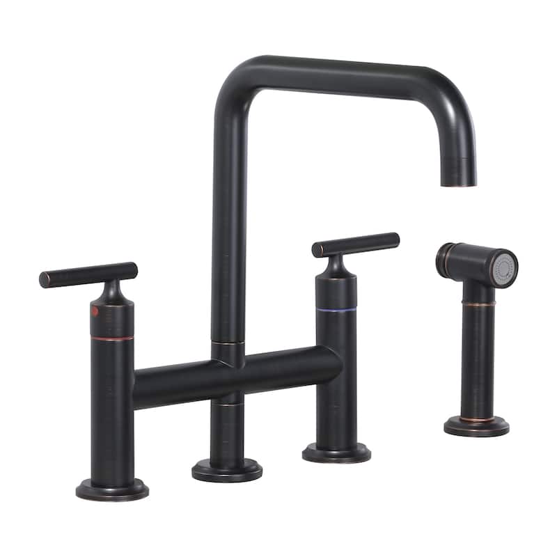 WOWOW Double Handle Bridge Kitchen Faucet with Side Sprayer - Oil Rubbed Bronze