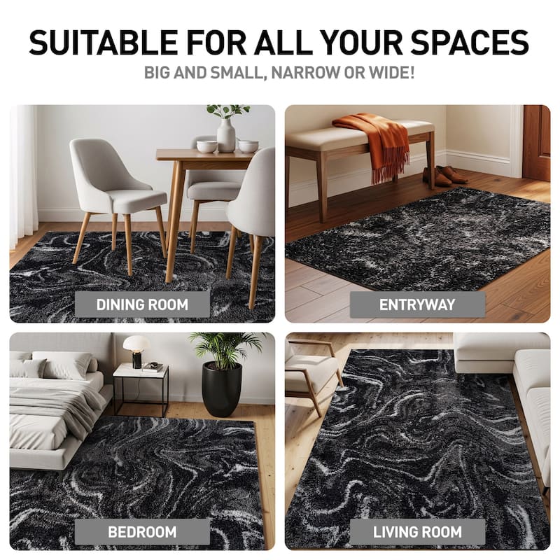 Abstract Marble Shag Rug - Anthracite Dark Gray - Plush Medium Pile, Durable with Jute Backing