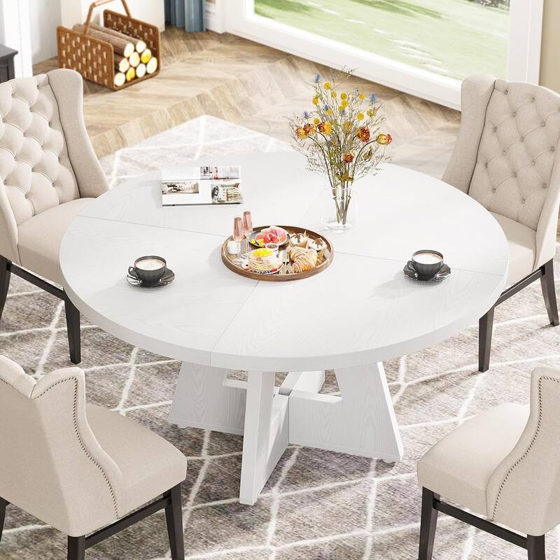 47" Round Wood Dining Table 4-Seater Farmhouse with Wooden Tabletop Cross Base for Dining Room/Kitchen