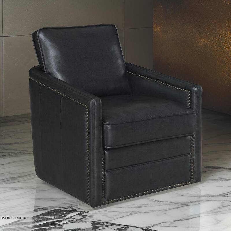 Roco 34 Inch Accent Chair with Swivel, Faux Leather Upholstery, Black