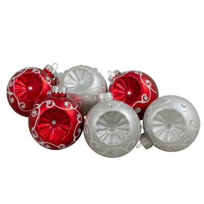 6ct Red Silver Reflector Matte Glass Christmas Ornament Set 3.25"