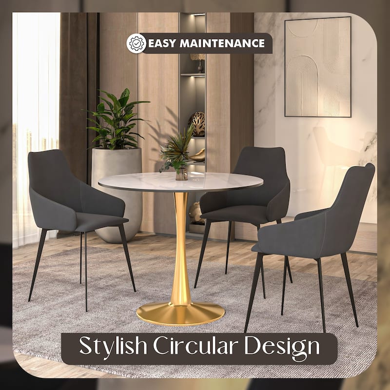 LeisureMod Round Dining Table 40" Sintered Stone Tabletop in Gold Steel Bistro Series