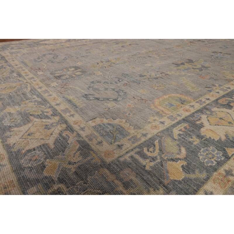 Vegetable Dye Grey Oushak Turkish Rug Hand-Knotted Floral Wool Carpet - 8'1"x 10'1"