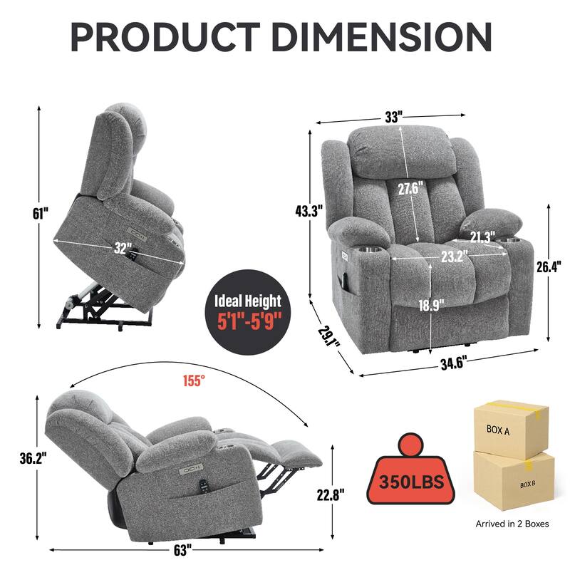 Roomfitters Heavy Duty Power Lift Recliner, Chenille Massage Chair with USB-C Charging and Stainless Cup Holders