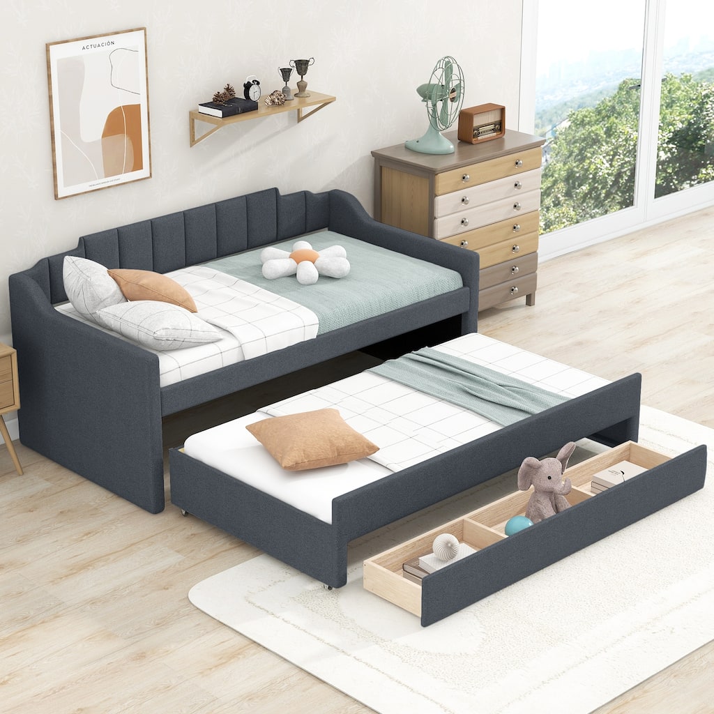 Grey Modern Style Upholstered Daybed with Trundle, Three Drawers, Easy Assembly, Twin Size
