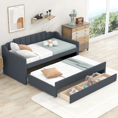 Twin Upholstered Daybed with Trundle and Storage Drawers, Stylish Linen Blend, Ideal for Small Spaces and Guest Rooms