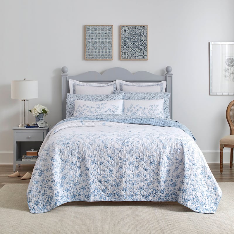 Laura Ashley Flora Cotton Reversible Blue Quilt Set