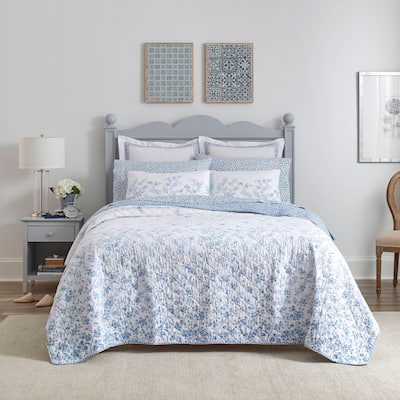 Laura Ashley Flora Cotton Reversible Blue Quilt Set