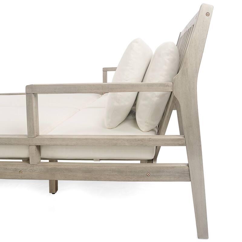 Anmytek Acacia Wood Patio Daybed with Four Pillows and Curved Armrests Outdoor Lounge Bed