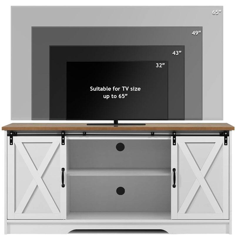 Wood Media Console Table, TV Stand with Sliding Barn Doors, Entertainment Center with Adjustable Shelves - Antique Brown+White