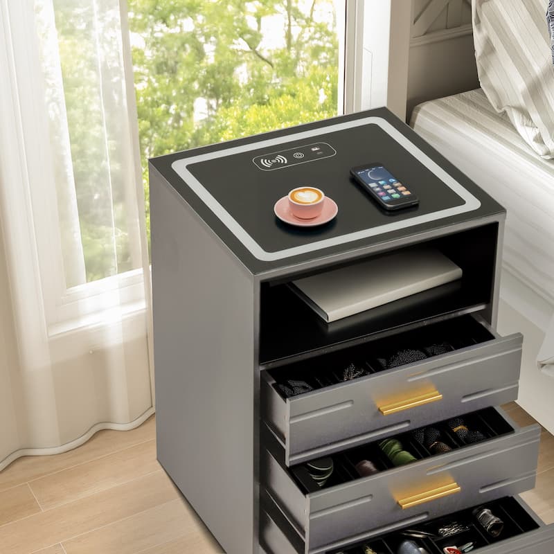EROMMY Smart Nightstand with Wireless Charging, USB Ports, and Adjustable LED Lighting – Modern Bedside Table with 3 Drawers