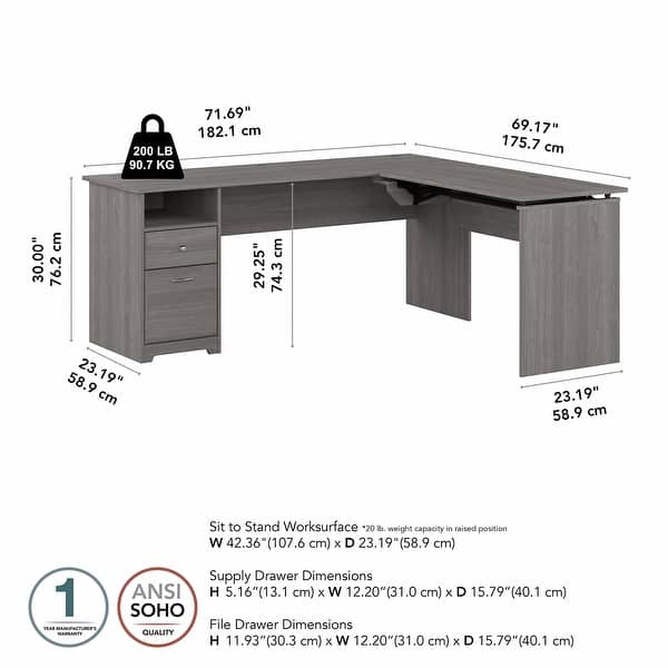 dimension image slide 1 of 6, 72W 3-position L-shaped Sit to Stand Desk by Bush Furniture